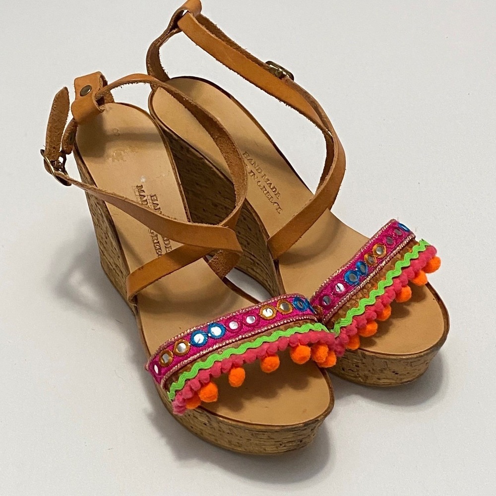 Handmade Embellished Cork Wedge Sandals 7.5 Vacation Resort Vibrant Dopamine